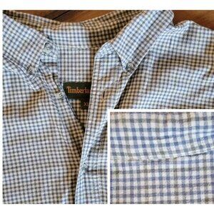 Timberland XL Shirt Long Sleeve Button  Plaid Olive Green Blue Pocket Logo Check